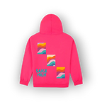 A bright pink hoodie shown from the back, featuring three colourful retro wavy stripe graphic squares and the text 'SAIGE HILH' in teal, set against a clean white background with a soft drop shadow.