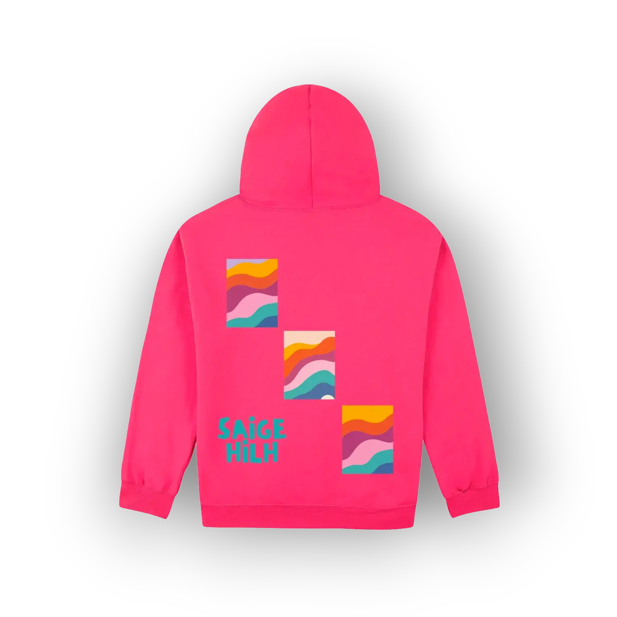 A bright pink hoodie shown from the back, featuring three colourful retro wavy stripe graphic squares and the text 'SAIGE HILH' in teal, set against a clean white background with a soft drop shadow.