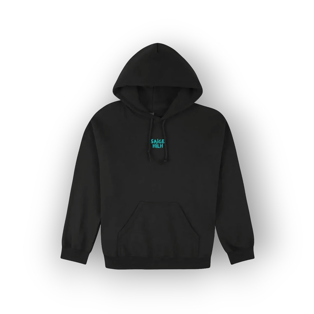 A black pullover hoodie with a small teal 'SAIGE HILH' graphic on the left chest, displayed against a clean white background.