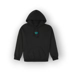 A black pullover hoodie with a small teal 'SAIGE HILH' graphic on the left chest, displayed against a clean white background.