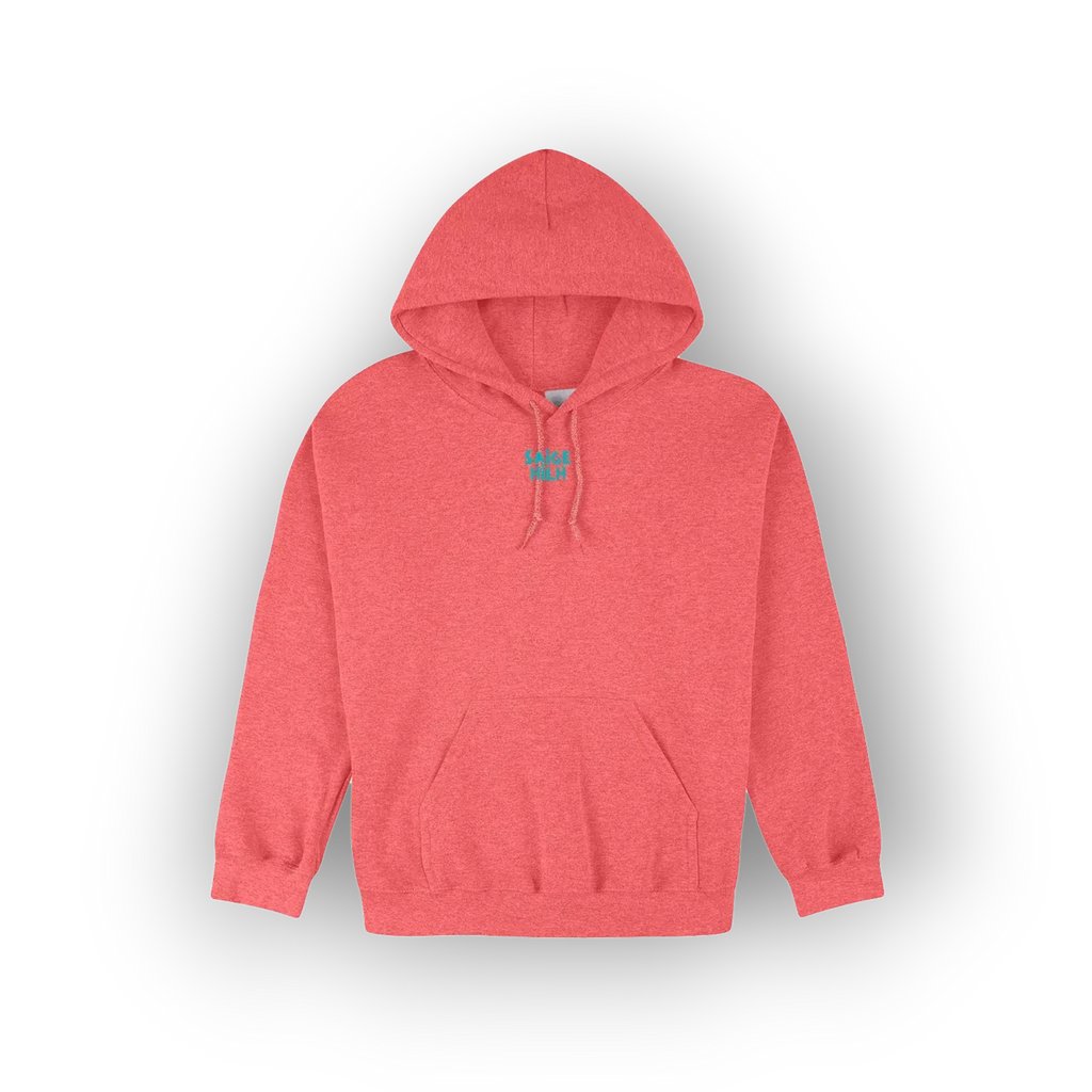 A heather coral pink pullover hoodie with a small teal graphic on the chest, displayed on a clean white background with a soft drop shadow.