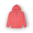 A heather coral pink pullover hoodie with a small teal graphic on the chest, displayed on a clean white background with a soft drop shadow.
