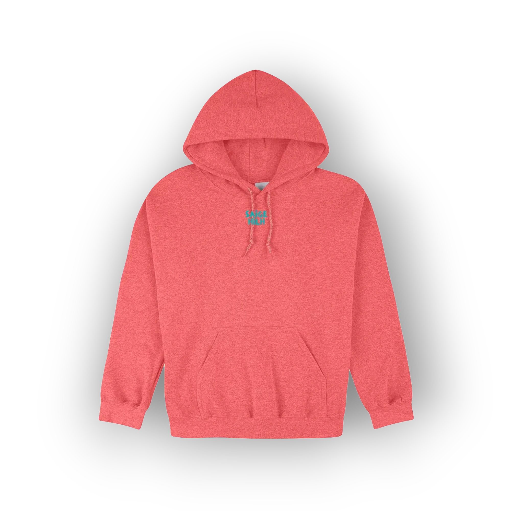 A heather coral pink pullover hoodie with a small teal graphic on the chest, displayed on a clean white background with a soft drop shadow.