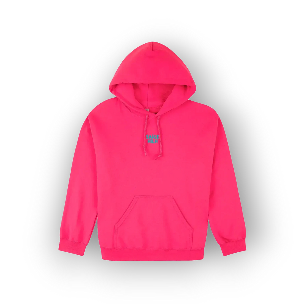 A bright pink pullover hoodie with a small blue butterfly graphic on the center chest, displayed against a clean white background.