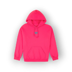 A bright pink pullover hoodie with a small blue butterfly graphic on the center chest, displayed against a clean white background.