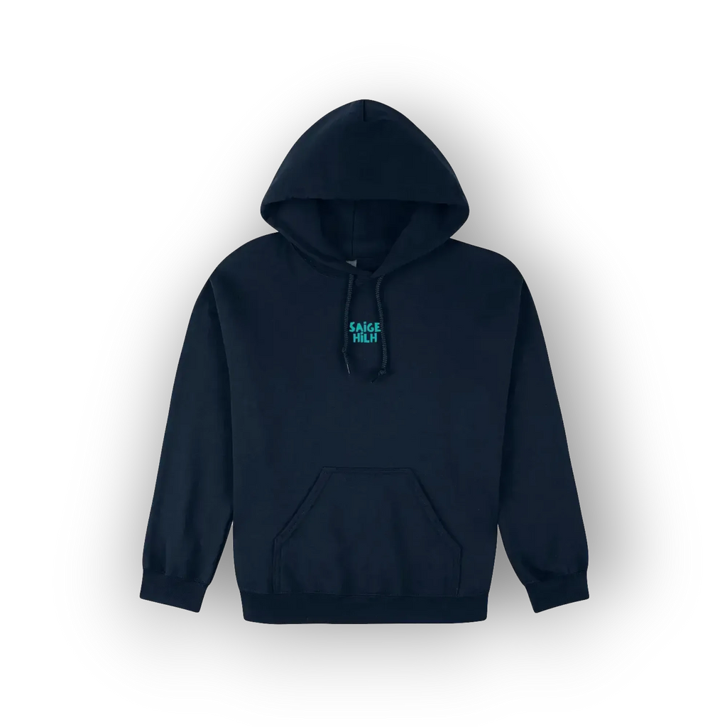 A dark navy blue pullover hoodie with a small teal graphic on the left chest reading 'SAIGE HILH', displayed against a clean white background.