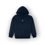 A dark navy blue pullover hoodie with a small teal graphic on the left chest reading 'SAIGE HILH', displayed against a clean white background.