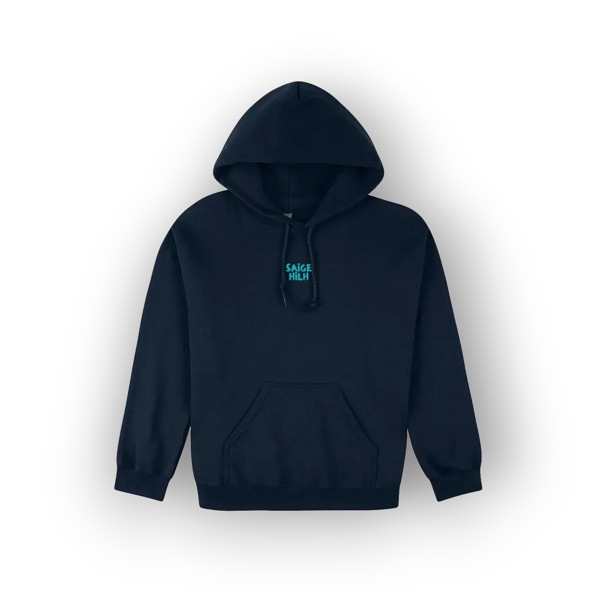 A dark navy blue pullover hoodie with a small teal graphic on the left chest reading 'SAIGE HILH', displayed against a clean white background.