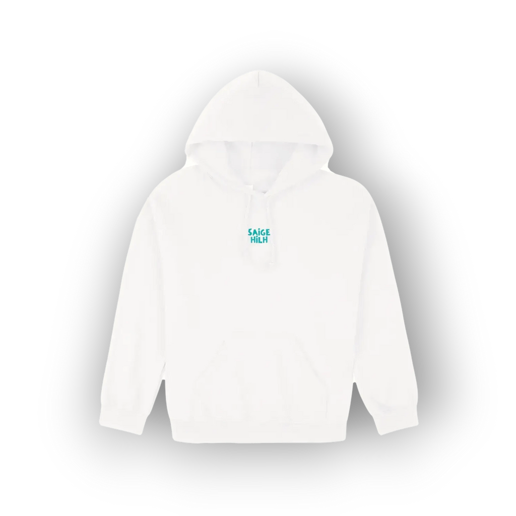 A white pullover hoodie with a small teal graphic reading 'SAIGE HILH' on the left chest, shown against a plain white background with a soft drop shadow.