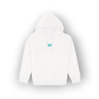 A white pullover hoodie with a small teal graphic reading 'SAIGE HILH' on the left chest, shown against a plain white background with a soft drop shadow.