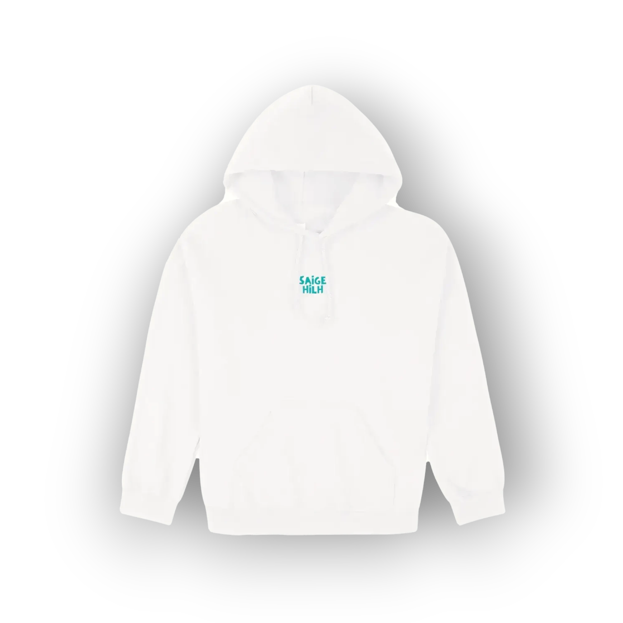 A white pullover hoodie with a small teal graphic reading 'SAIGE HILH' on the left chest, shown against a plain white background with a soft drop shadow.