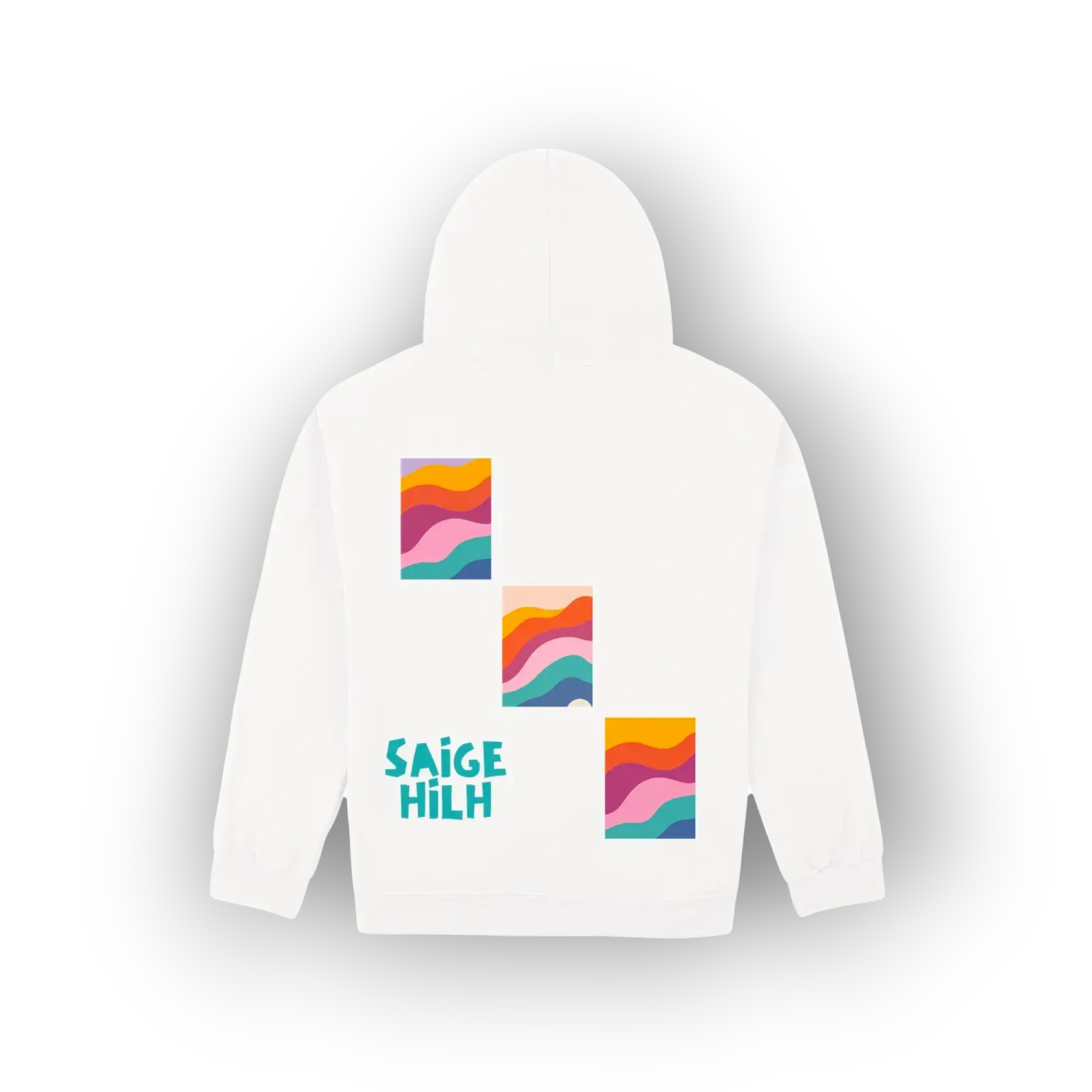 A white hooded sweatshirt shown from the back, featuring three colorful retro wavy square graphics and the text 'SAIGE HILH' in teal on the back.