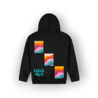A black hoodie shown from the back, featuring three colorful retro wavy square graphics and the text 'SAIGE HILH' in teal on the lower left back, set against a plain white background.