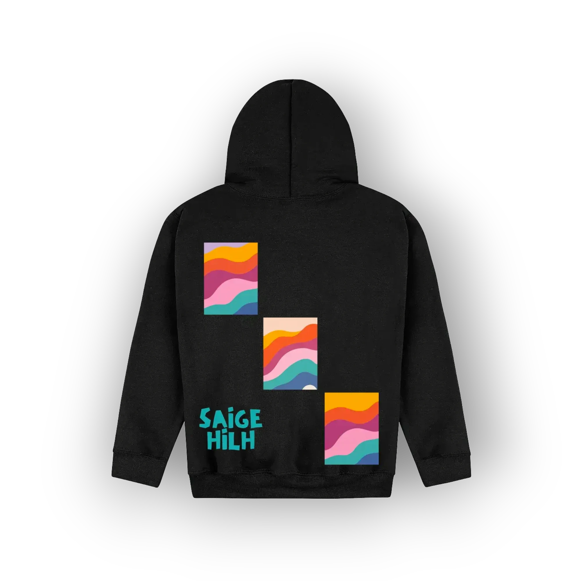 A black hoodie shown from the back, featuring three colorful retro wavy square graphics and the text 'SAIGE HILH' in teal on the lower left back, set against a plain white background.