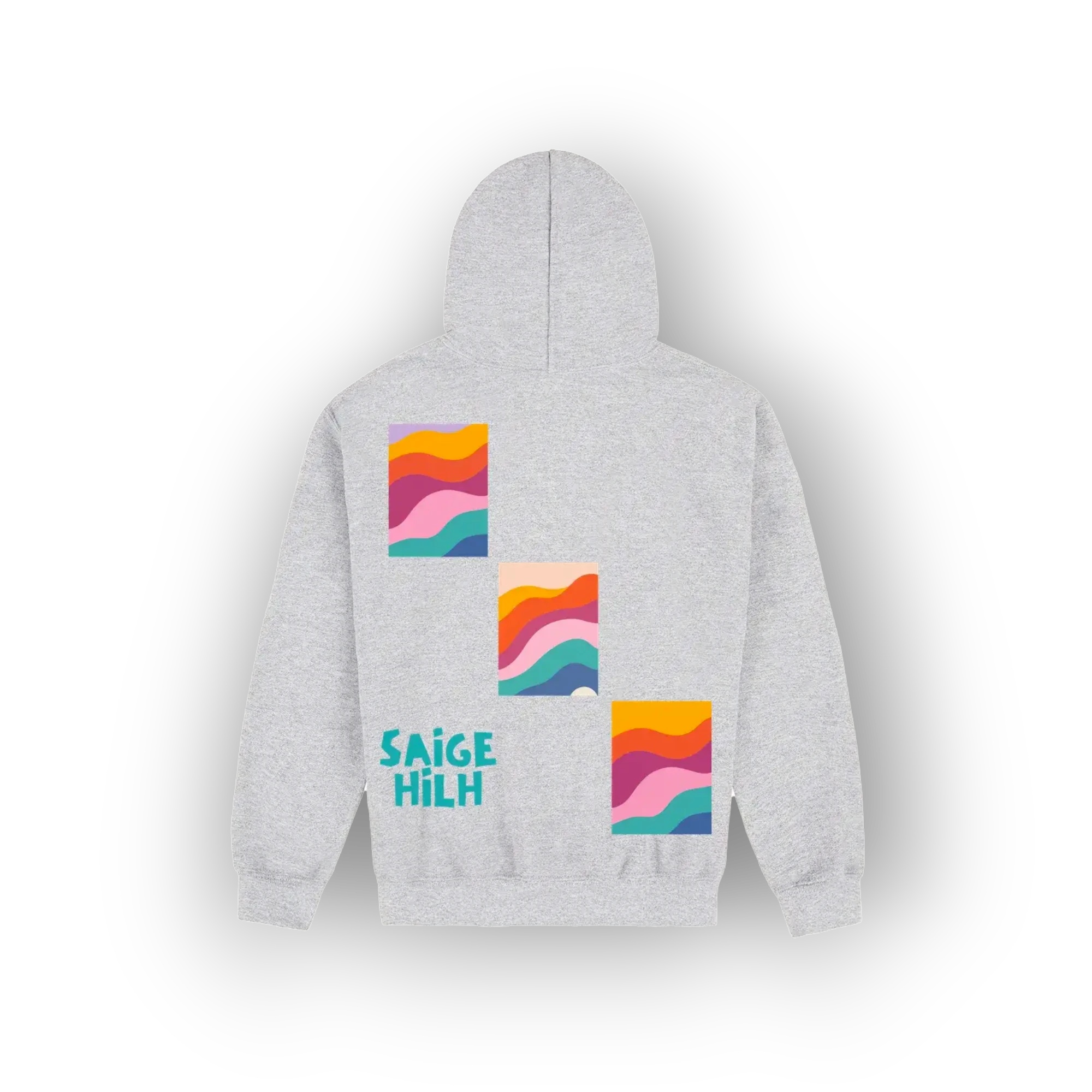 A light heather gray hoodie shown from the back, featuring three colorful retro wavy square graphics and the text 'SAIGE HILH' in teal on the lower left back.