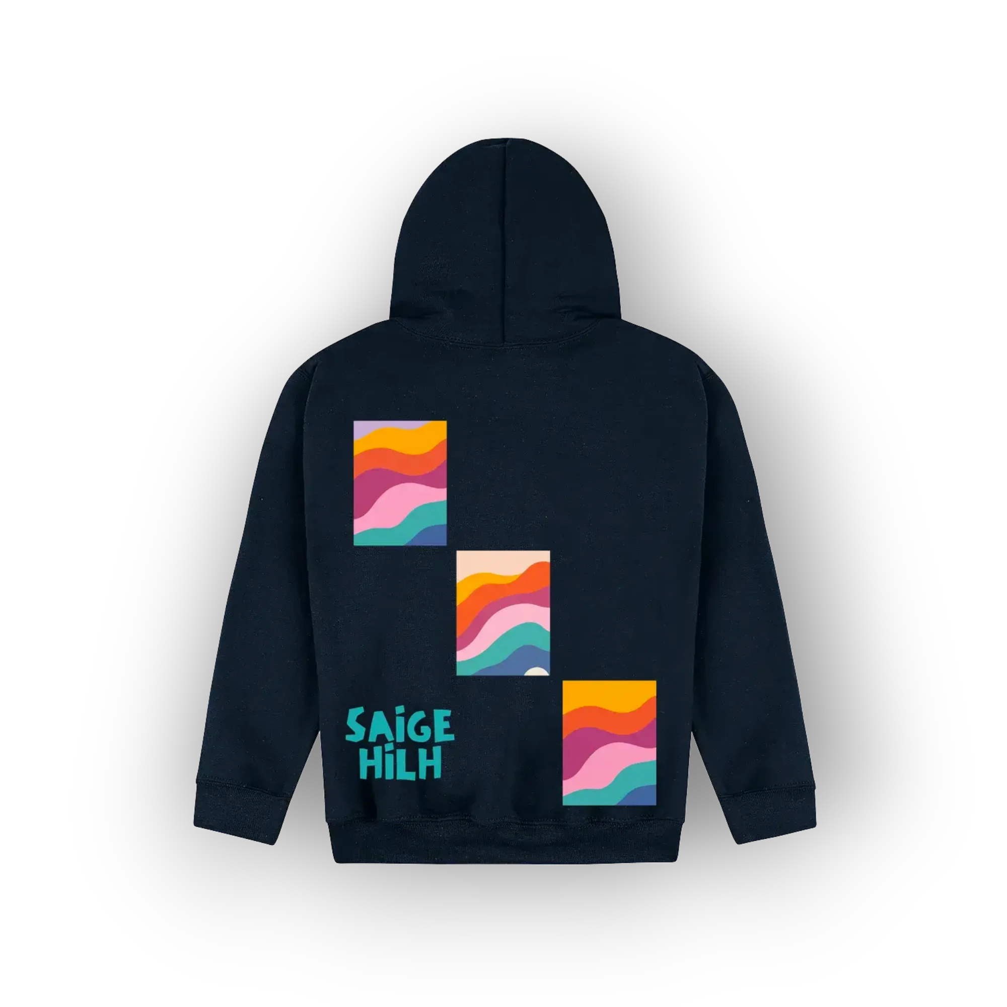 A navy blue hoodie shown from the back, featuring three colorful retro wavy square graphics and the text 'SAIGE HILH' in teal on the lower left back.