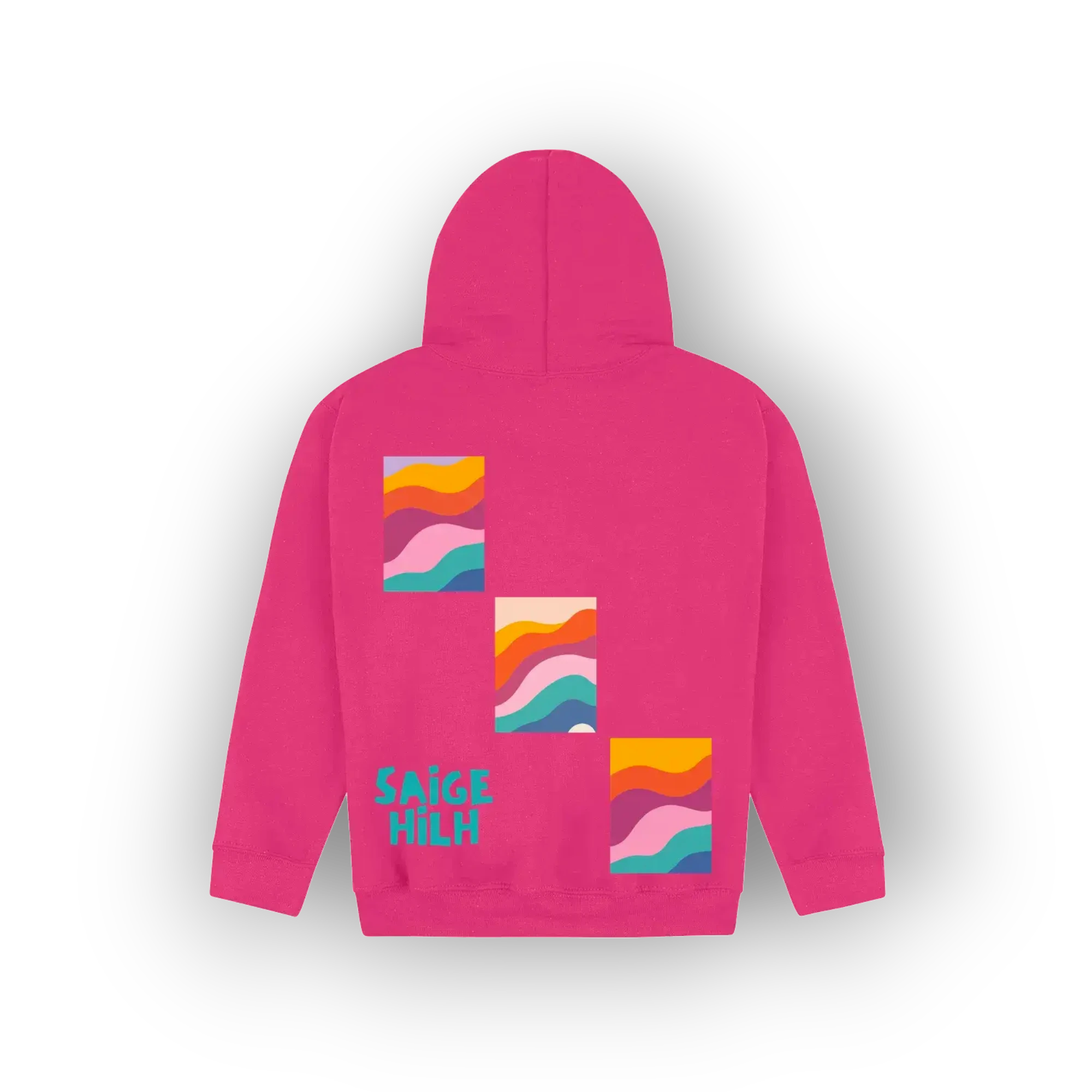 A bright pink hoodie shown from the back, featuring three colourful retro wavy stripe graphic squares and the text 'SAIGE HILH' in teal near the lower left back, set against a plain white background.