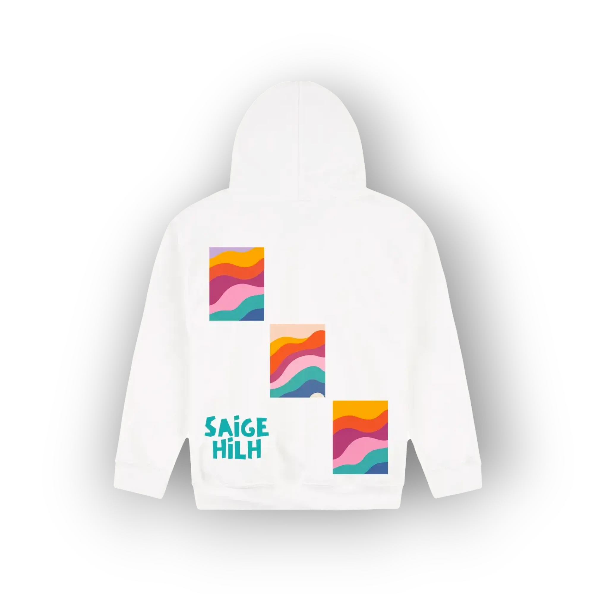 A white hooded sweatshirt shown from the back, featuring three colorful abstract wavy square graphics and the text 'SAIGE HILH' in teal on the lower left back.