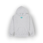 A light gray heather pullover hoodie with a small teal graphic reading 'SAIGE HILH' on the left chest, displayed against a clean white background with a soft drop shadow.