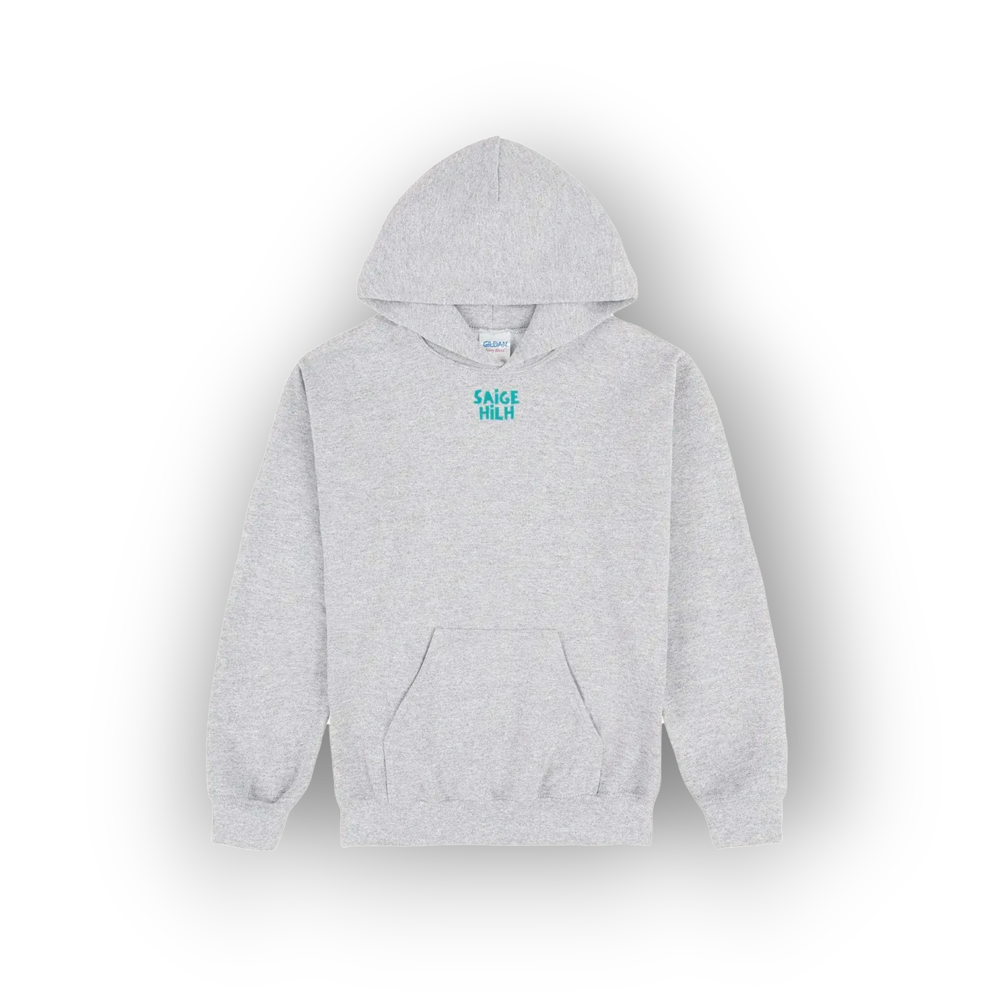 A light gray heather pullover hoodie with a small teal graphic reading 'SAIGE HILH' on the left chest, displayed against a clean white background with a soft drop shadow.