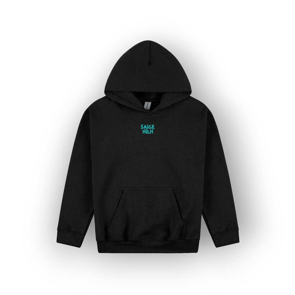A black pullover hoodie with a small teal graphic reading 'SAIGE HILH' on the left chest, displayed against a clean white background.