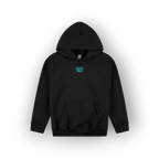 A black pullover hoodie with a small teal graphic reading 'SAIGE HILH' on the left chest, displayed against a clean white background.