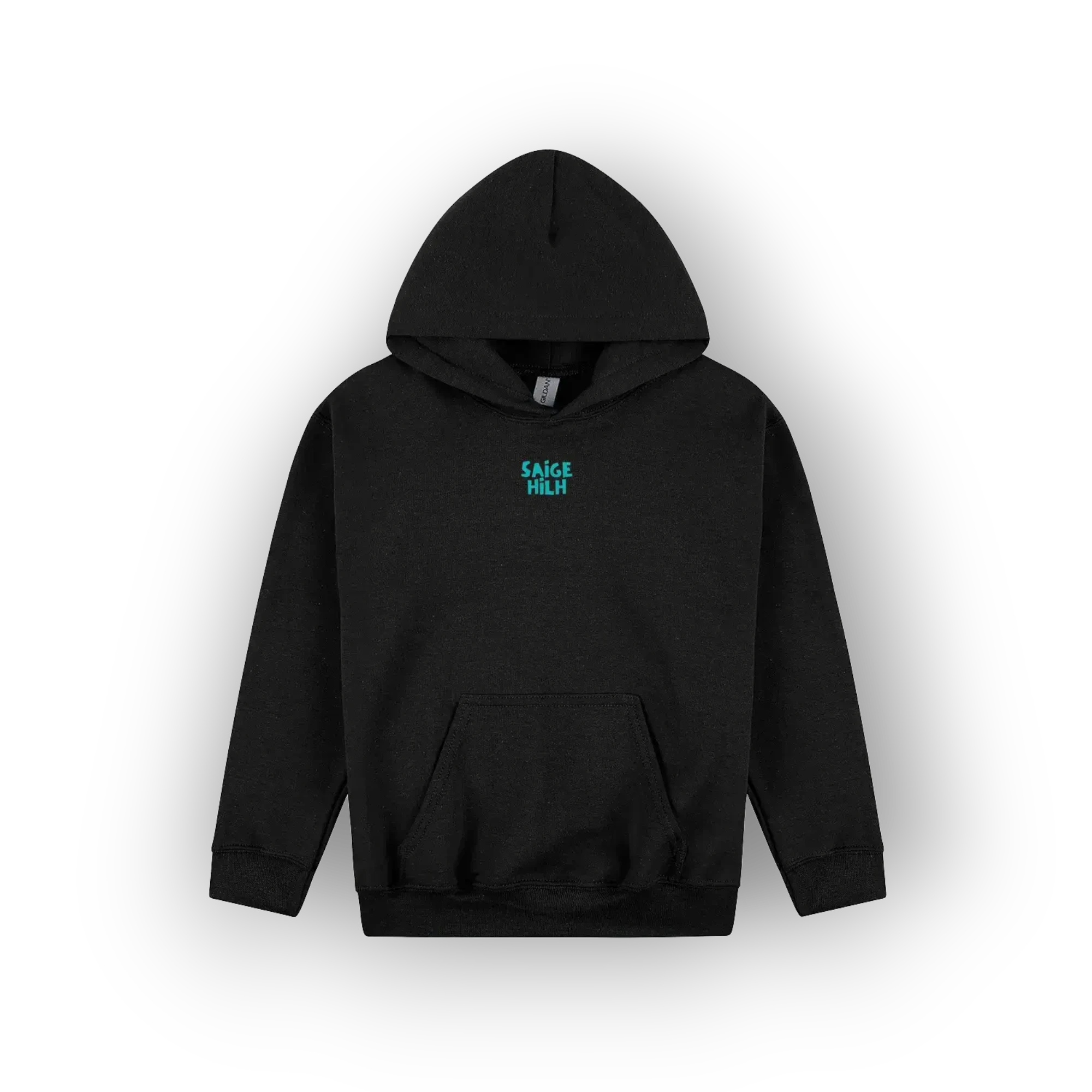 A black pullover hoodie with a small teal graphic reading 'SAIGE HILH' on the left chest, displayed against a clean white background.