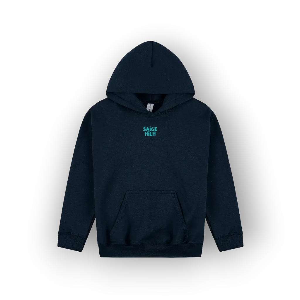 A dark navy blue pullover hoodie with a small teal graphic reading 'SAGE HILH' on the left chest, displayed against a clean white background.