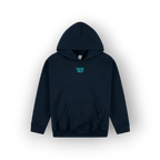 A dark navy blue pullover hoodie with a small teal graphic reading 'SAGE HILH' on the left chest, displayed against a clean white background.