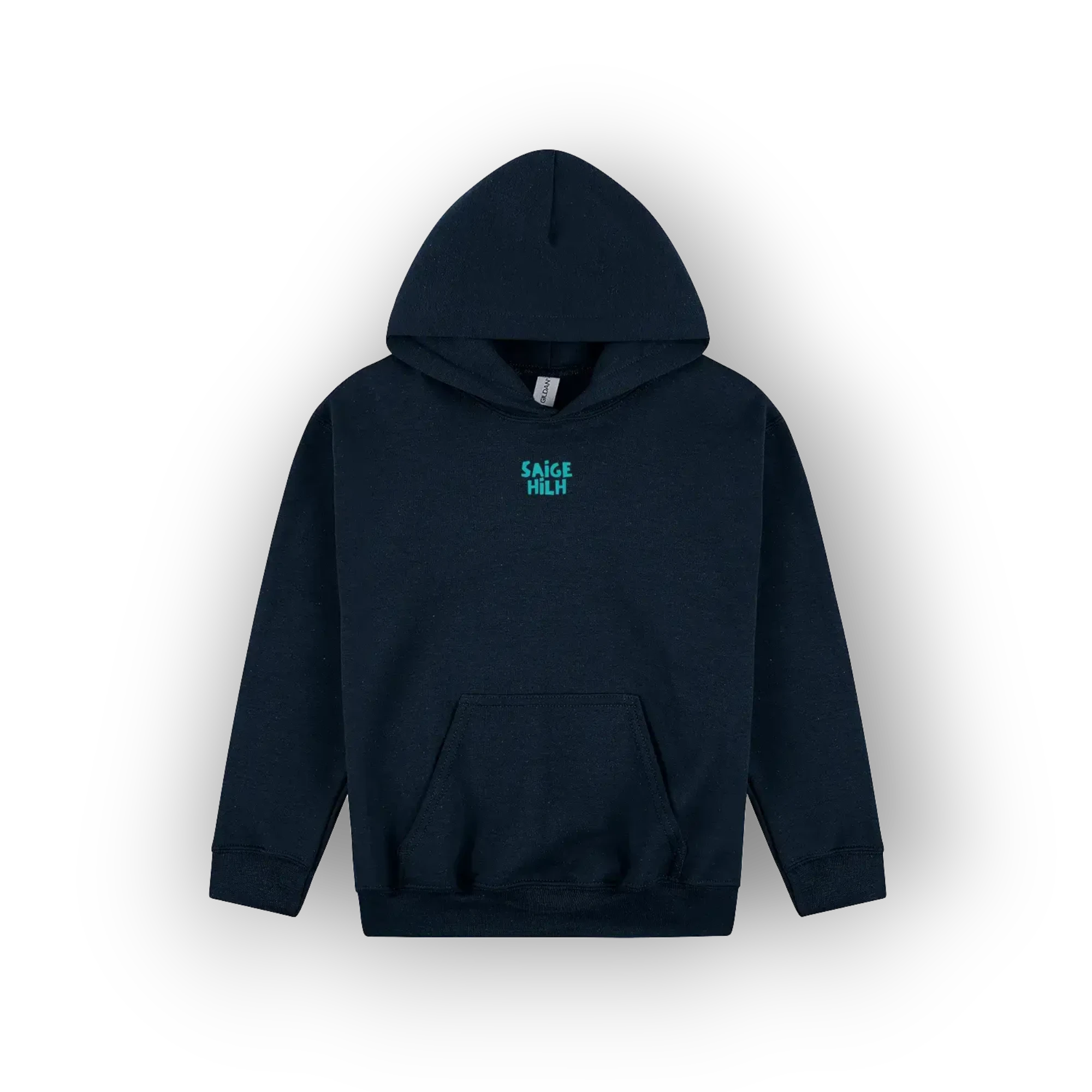 A dark navy blue pullover hoodie with a small teal graphic reading 'SAGE HILH' on the left chest, displayed against a clean white background.