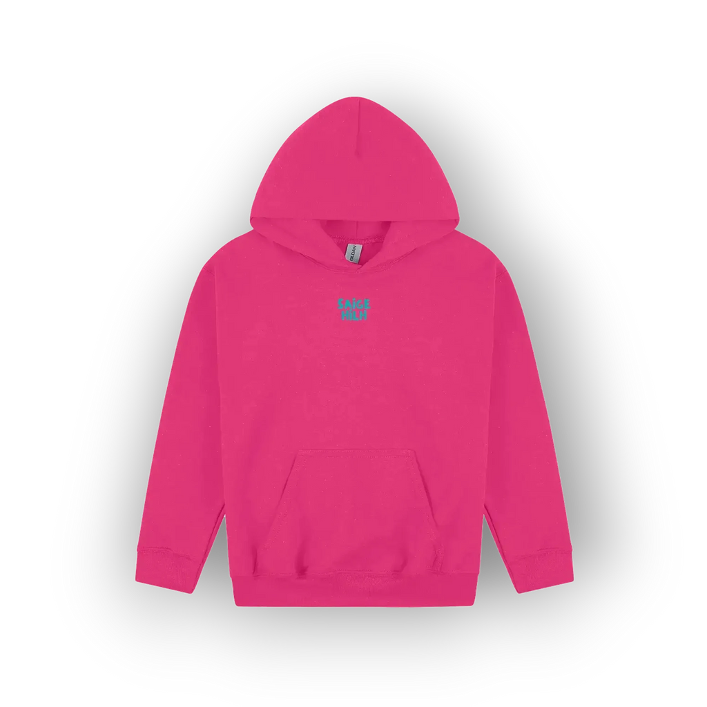 A bright pink pullover hoodie with a small blue graphic on the center chest, displayed against a clean white background.