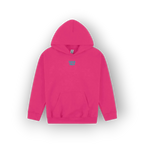 A bright pink pullover hoodie with a small blue graphic on the center chest, displayed against a clean white background.