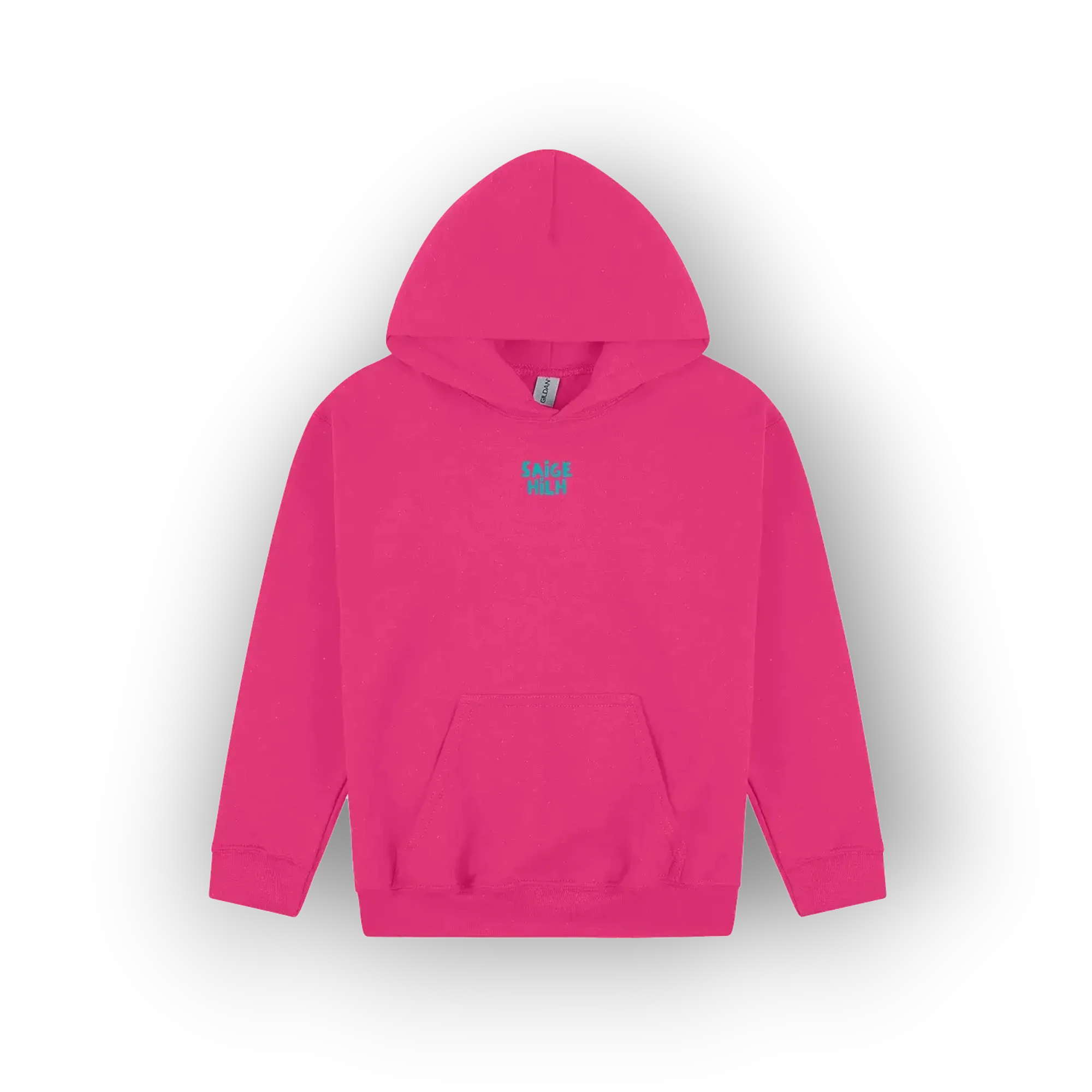 A bright pink pullover hoodie with a small blue graphic on the center chest, displayed against a clean white background.