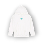 A white pullover hoodie with a small teal graphic reading 'SAIGE HILH' on the left chest, displayed against a clean white background with a soft drop shadow.