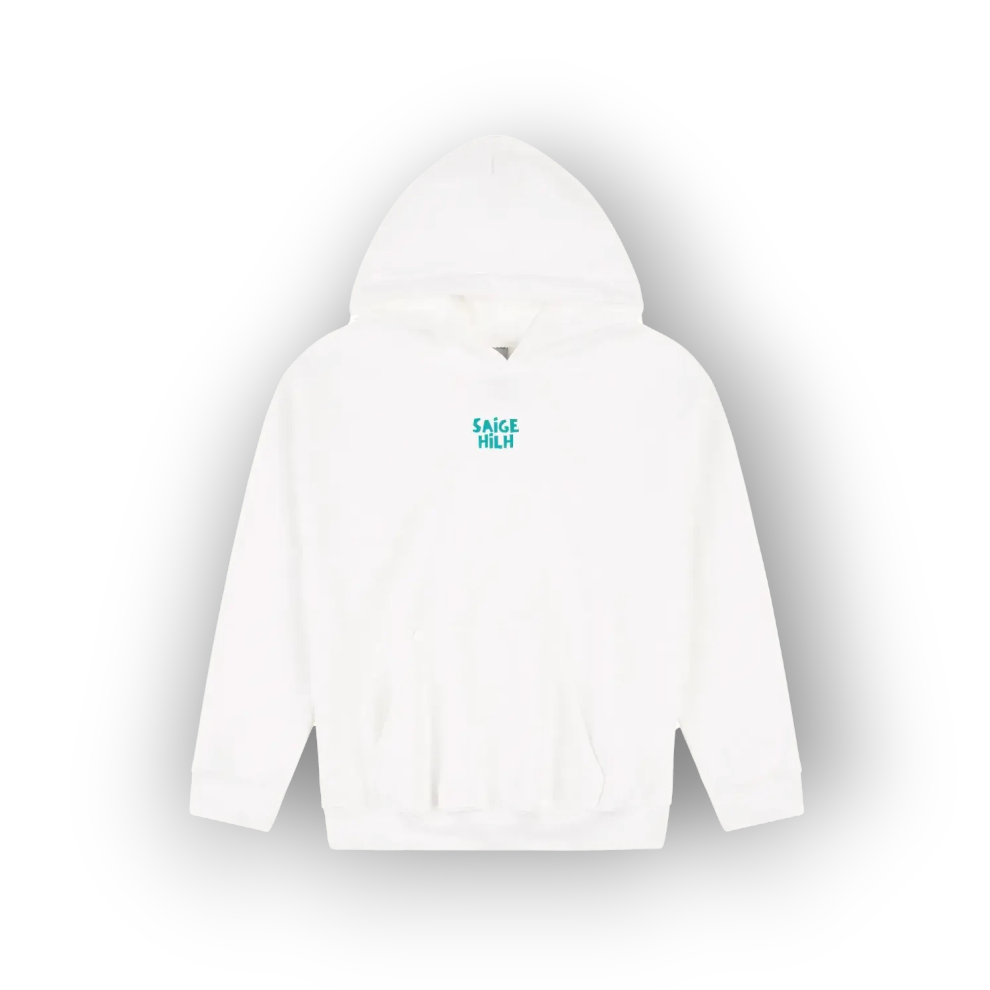A white pullover hoodie with a small teal graphic reading 'SAIGE HILH' on the left chest, displayed against a clean white background with a soft drop shadow.