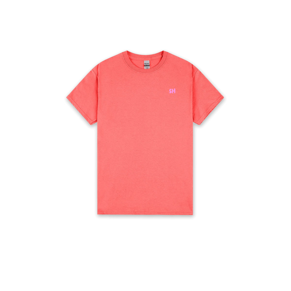 A coral pink crewneck t-shirt with a small pink 'SH' logo on the left chest, displayed flat against a solid white background.