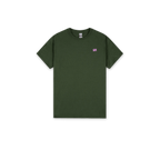 An olive green short-sleeve crewneck t-shirt with a small pink embroidered 'SH' logo on the left chest, displayed flat against a solid white background.