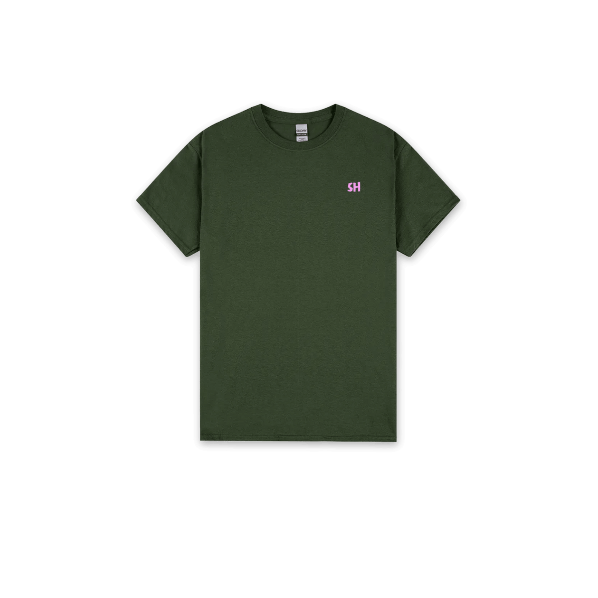 An olive green short-sleeve crewneck t-shirt with a small pink embroidered 'SH' logo on the left chest, displayed flat against a solid white background.
