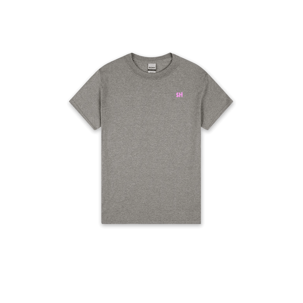 A heather gray crewneck t-shirt with a small pink 'SH' logo on the left chest, displayed flat against a solid white background.