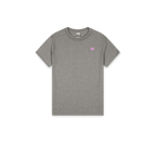 A heather gray crewneck t-shirt with a small pink 'SH' logo on the left chest, displayed flat against a solid white background.