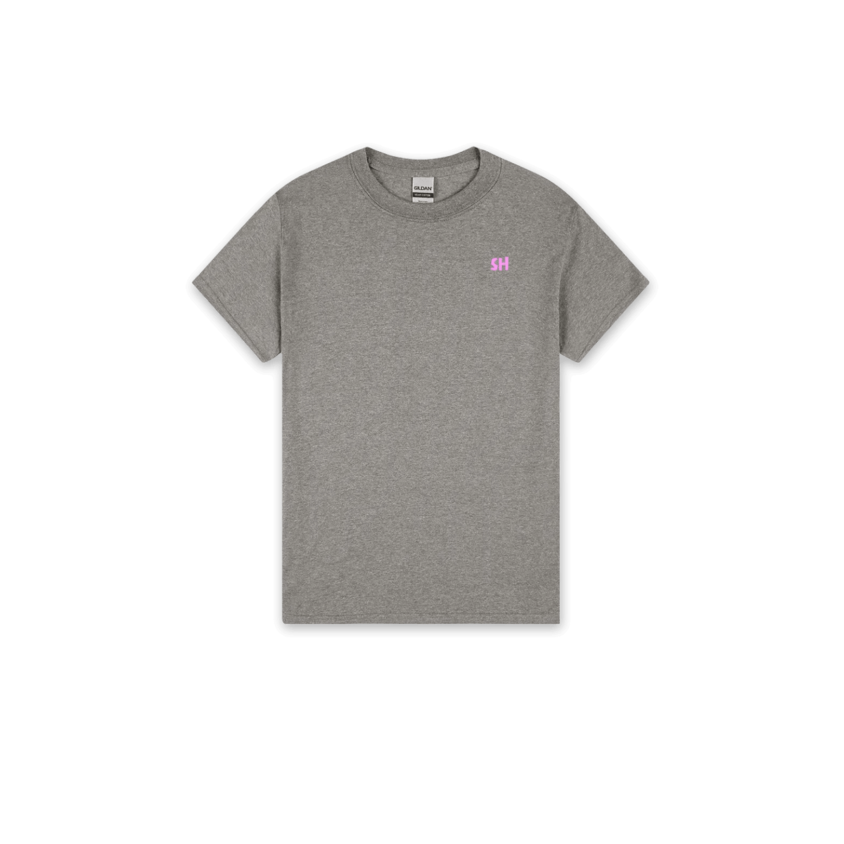 A heather gray crewneck t-shirt with a small pink 'SH' logo on the left chest, displayed flat against a solid white background.