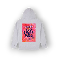 A light gray pullover hoodie shown from the back, featuring a large rectangular graphic print on the back. The graphic has a pink and orange floral background with the text 'THIS TOO SHALL PASS' in dark blue lettering.