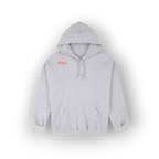 A light gray heather pullover hoodie with a small colorful graphic on the left chest, displayed against a white background with a soft drop shadow.