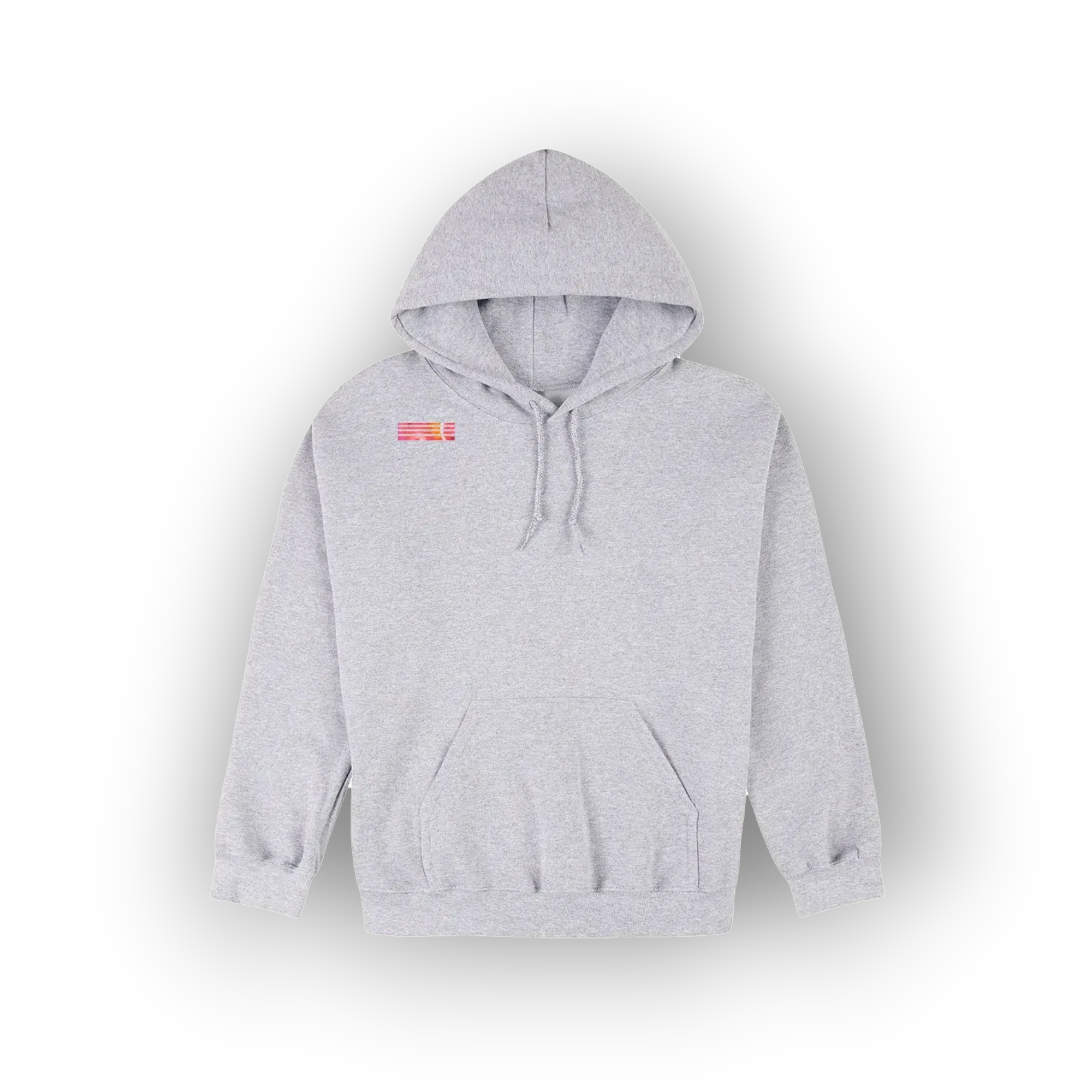 A light gray heather pullover hoodie with a small colorful graphic on the left chest, displayed against a white background with a soft drop shadow.