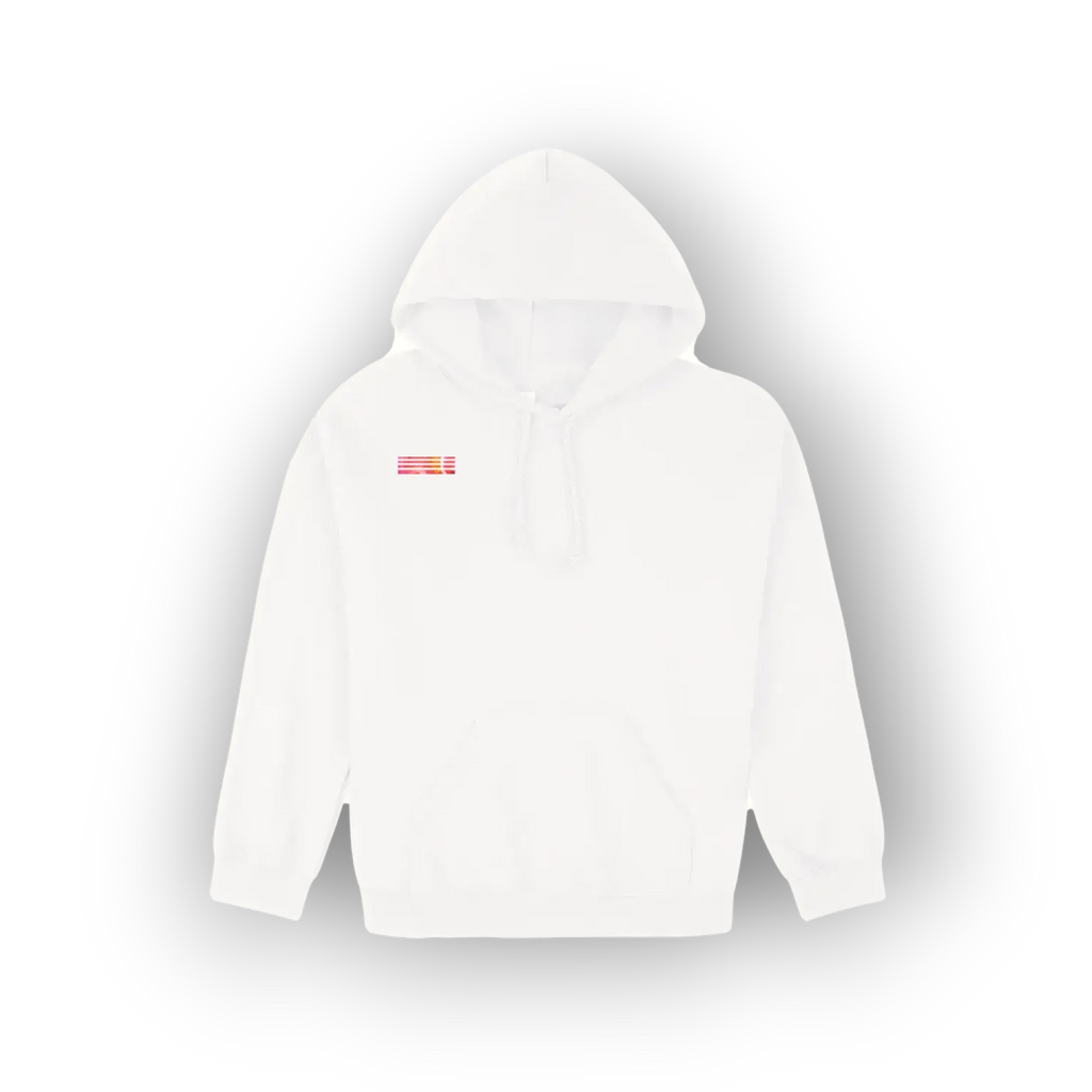 A white pullover hoodie with a small red and orange graphic on the left chest, displayed against a black background with a drop shadow.
