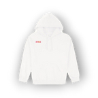 A white pullover hoodie with a small red and orange graphic on the left chest, displayed against a black background with a drop shadow.