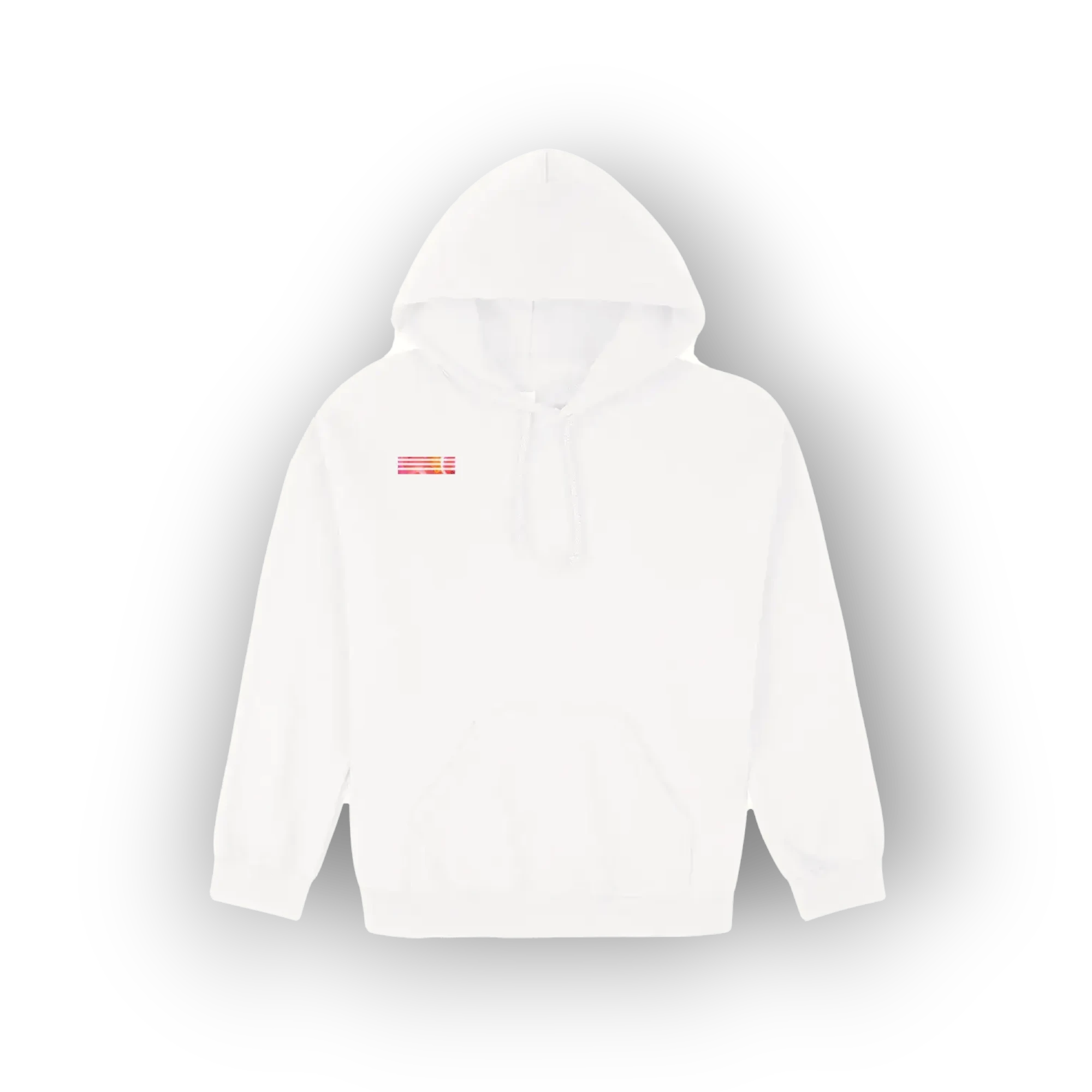 A white pullover hoodie with a small red and orange graphic on the left chest, displayed against a black background with a drop shadow.